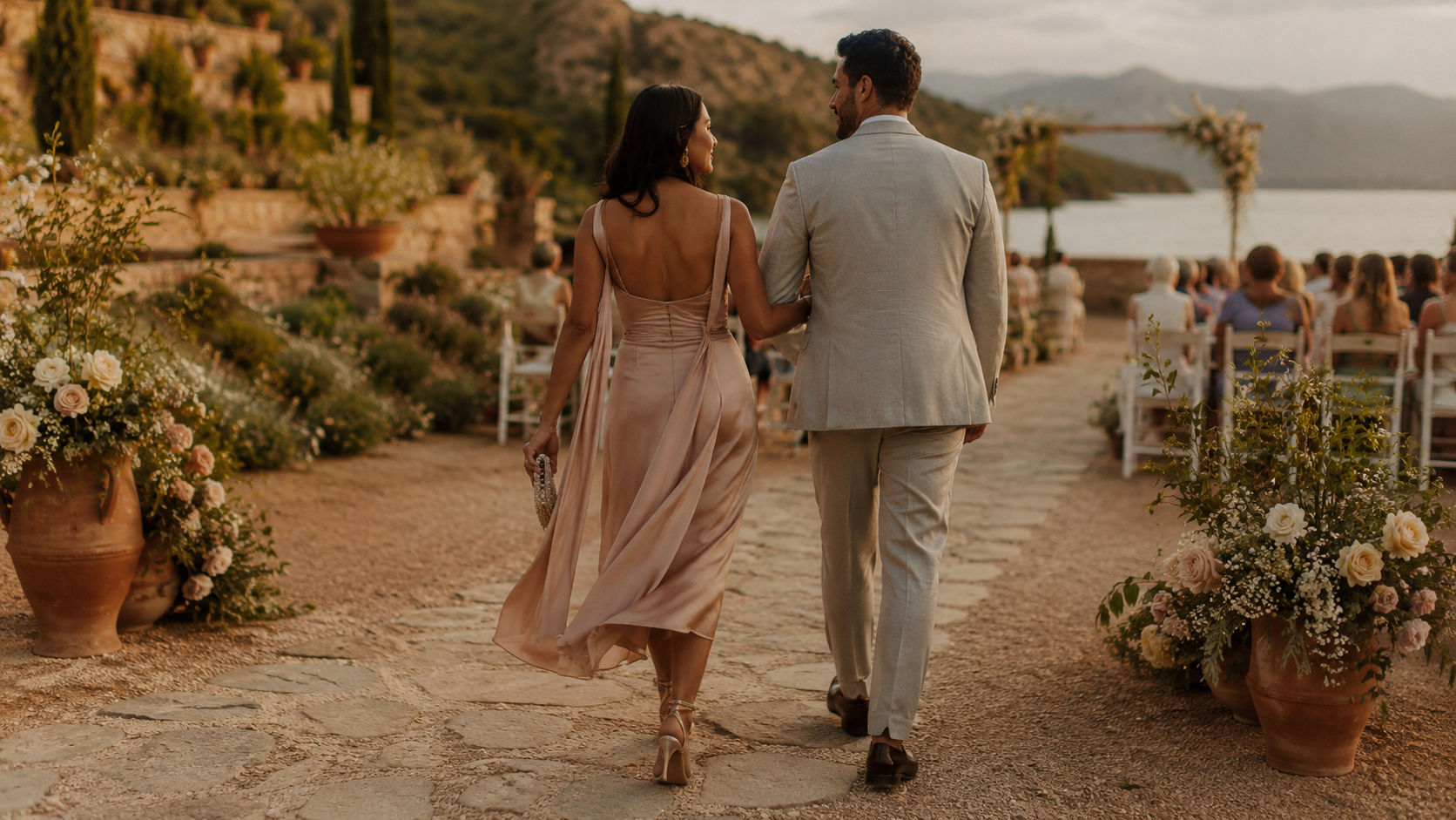Pareja elegantemente vestida camina hacia una ceremonia al aire libre