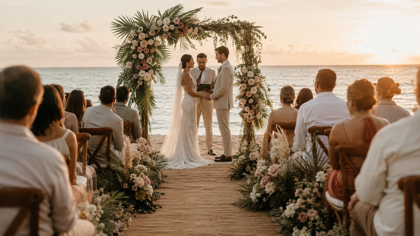 Ceremonia íntima al atardecer en una playa caribeña con arco floral