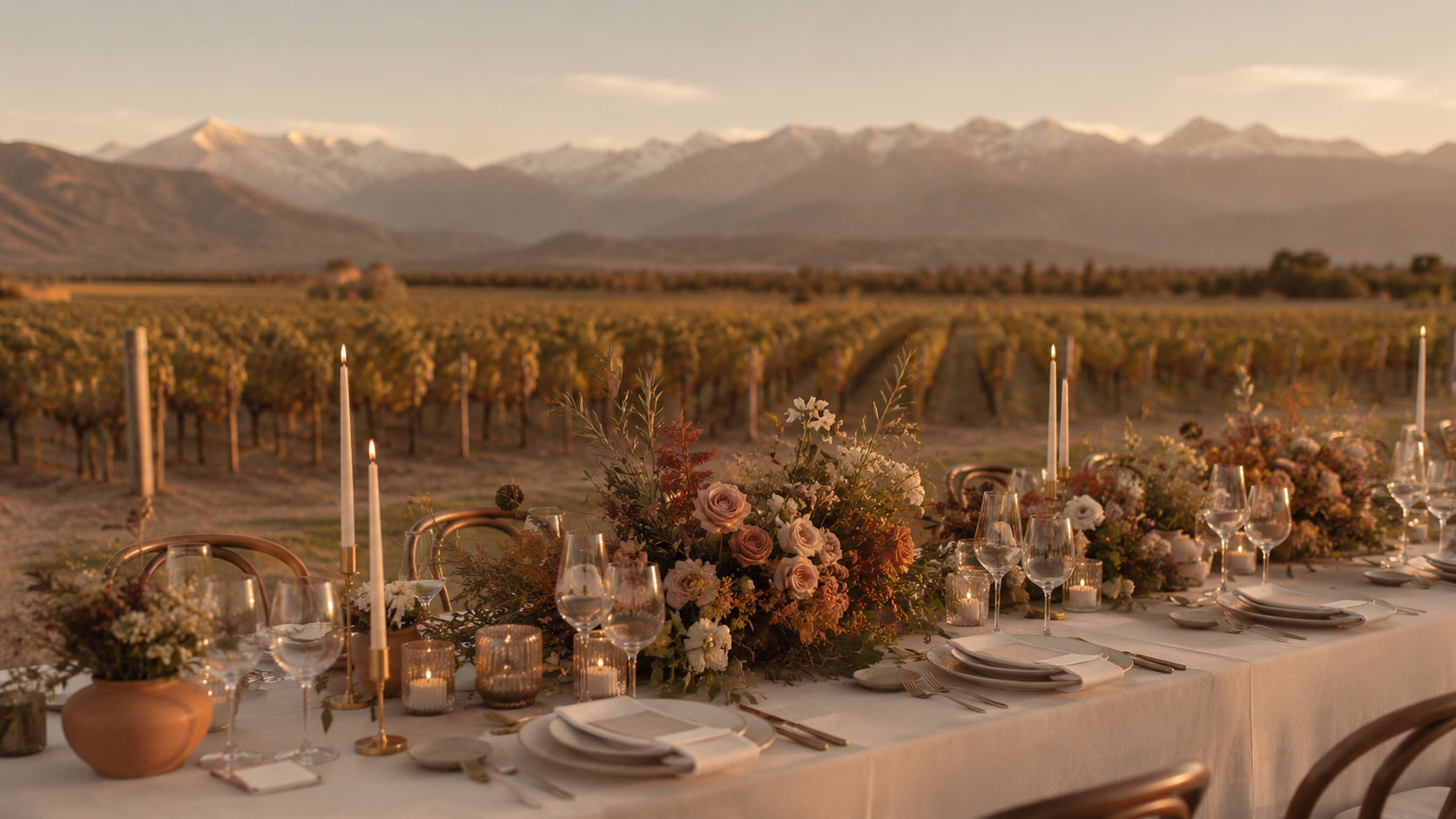 Mesa de boda en un viñedo de Mendoza al atardecer con los Andes al fondo