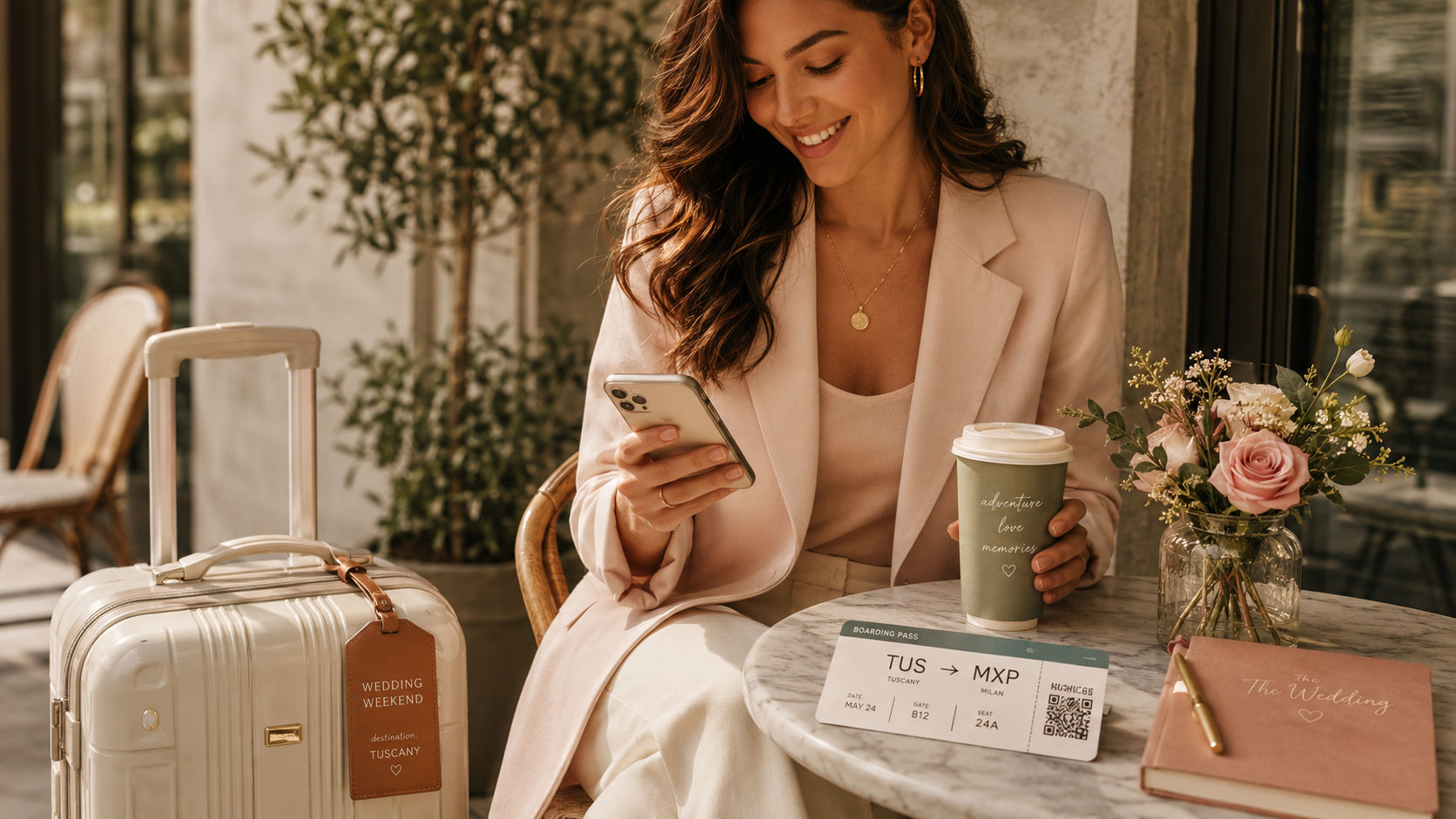 Mujer preparando su viaje a una boda con maleta y boarding pass