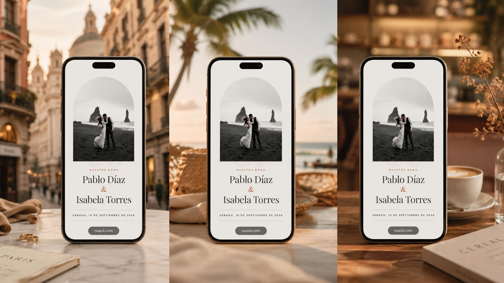 Invitación de Nupcii abierta en tres celulares simultáneamente en distintos países