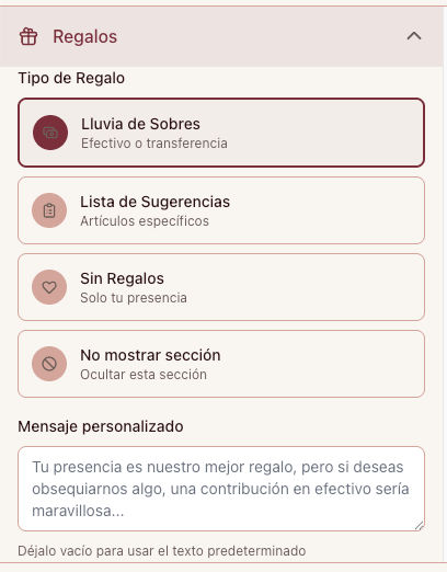 Sección de regalos en el panel de Nupcii con las cuatro modalidades para tu lista de boda