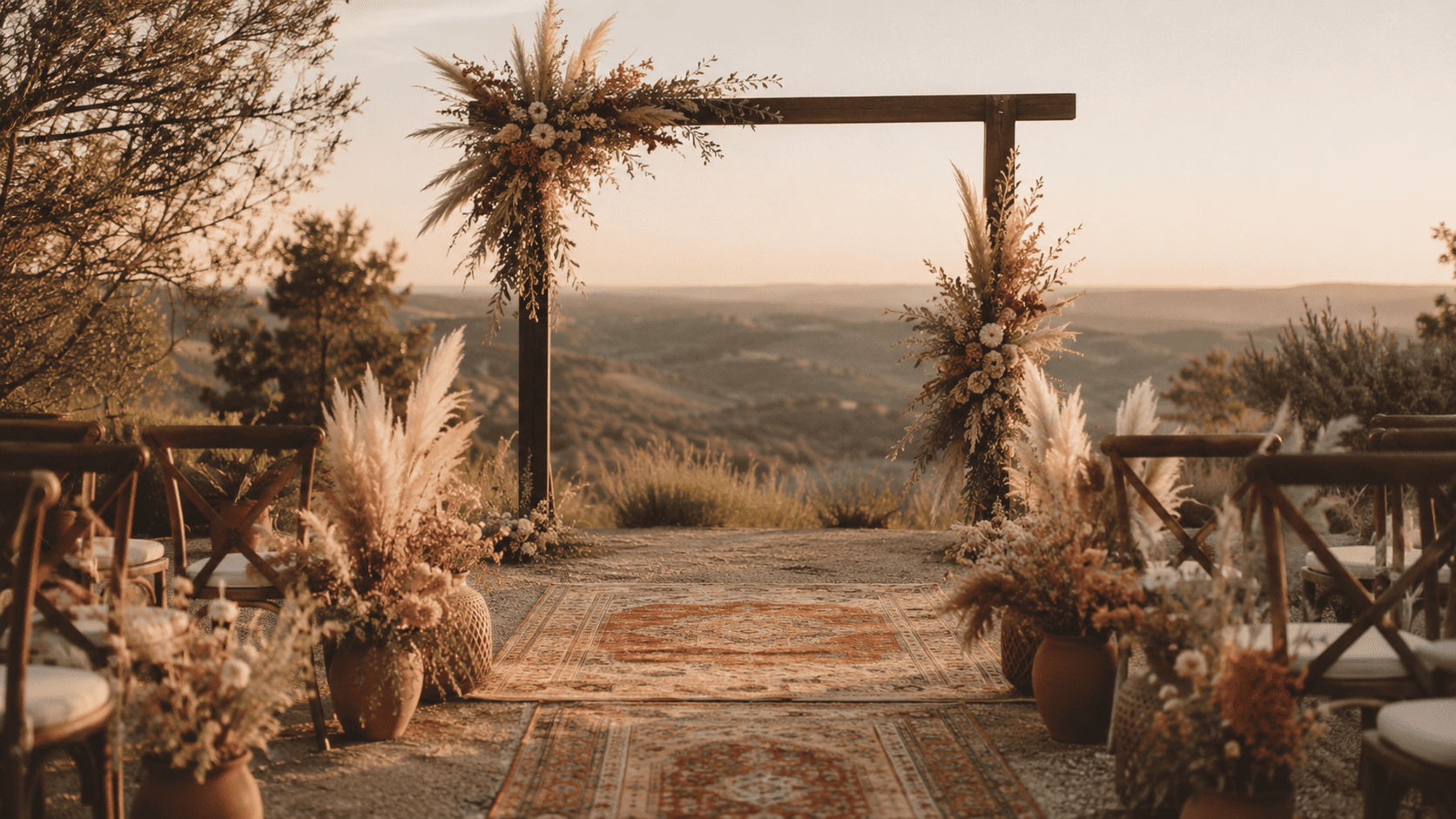 Ceremonia de boda boho al aire libre con arco de madera, pampas grass y flores secas en terracota y crema, alfombras vintage y luz dorada del atardecer