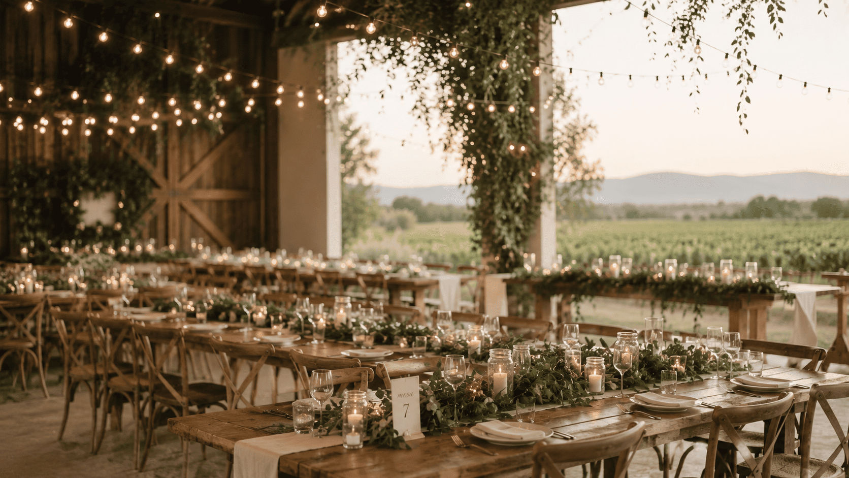 Recepción de boda rústica en granero o viñedo con mesas largas de madera natural, guirnaldas de bombillos, follaje verde abundante y velas en frascos