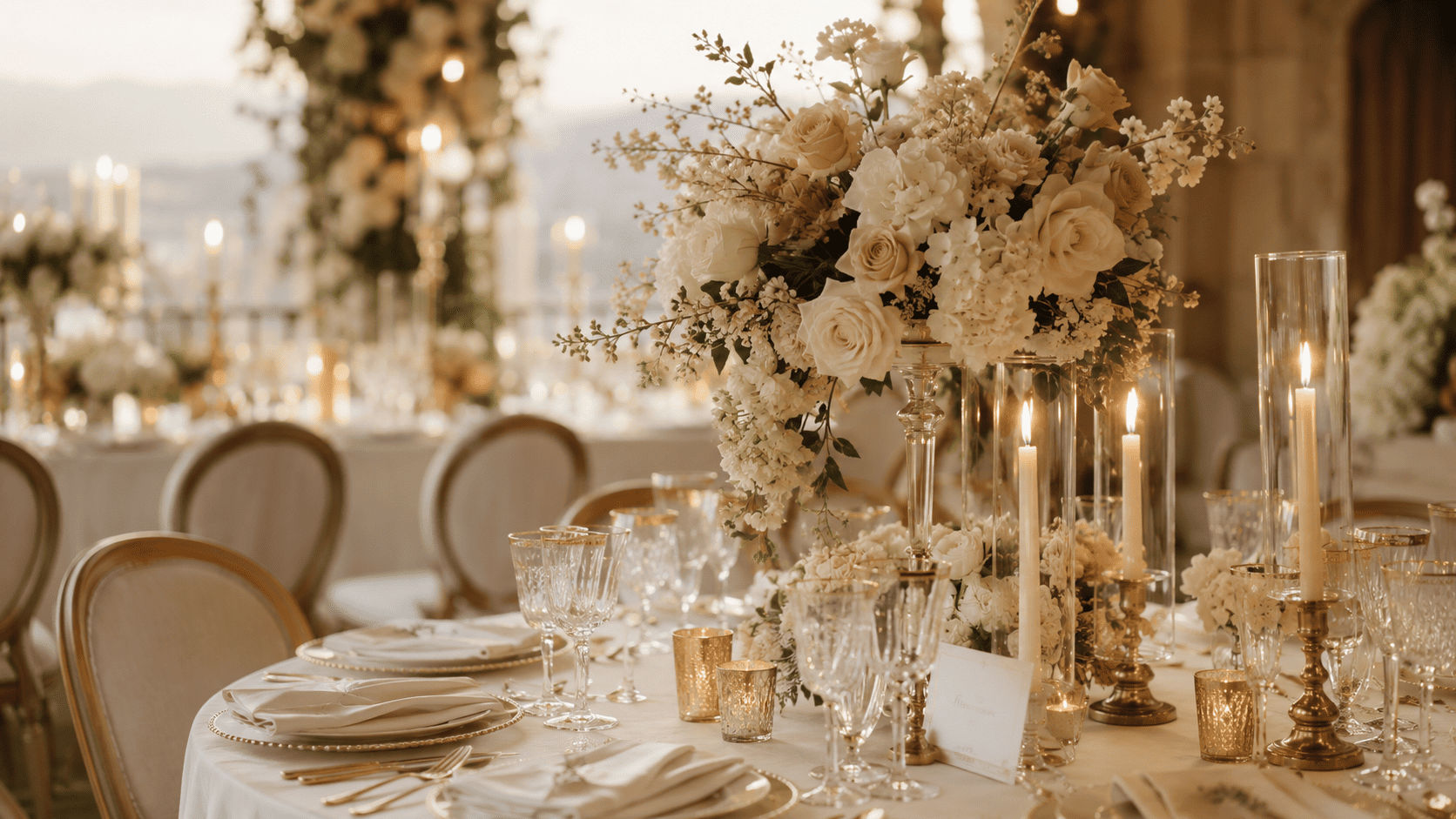 Mesa de recepción de boda clásica y elegante con mantel blanco, centros florales altos en tonos crema, velas doradas y cristalería fina bajo luz cálida