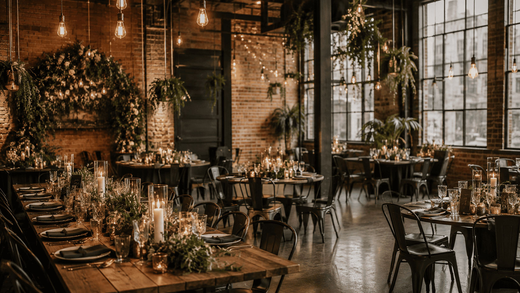 Boda industrial en loft urbano con paredes de ladrillo, bombillos Edison colgantes, mesas de metal y madera y plantas verdes suavizando el espacio