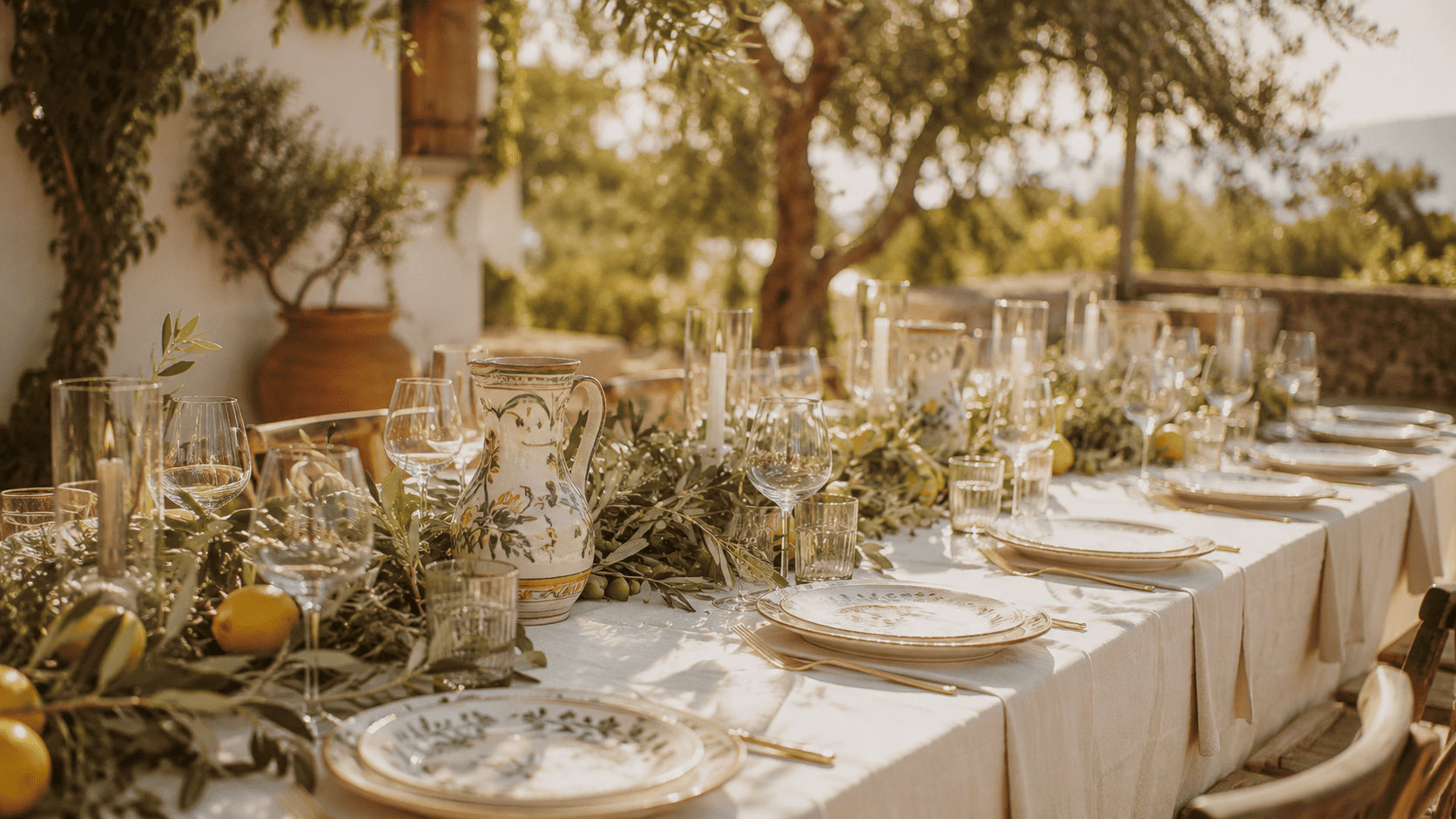 Boda mediterránea con mesa larga al aire libre, mantel blanco, limones y ramas de olivo como centro, cerámica pintada a mano y luz intensa de verano