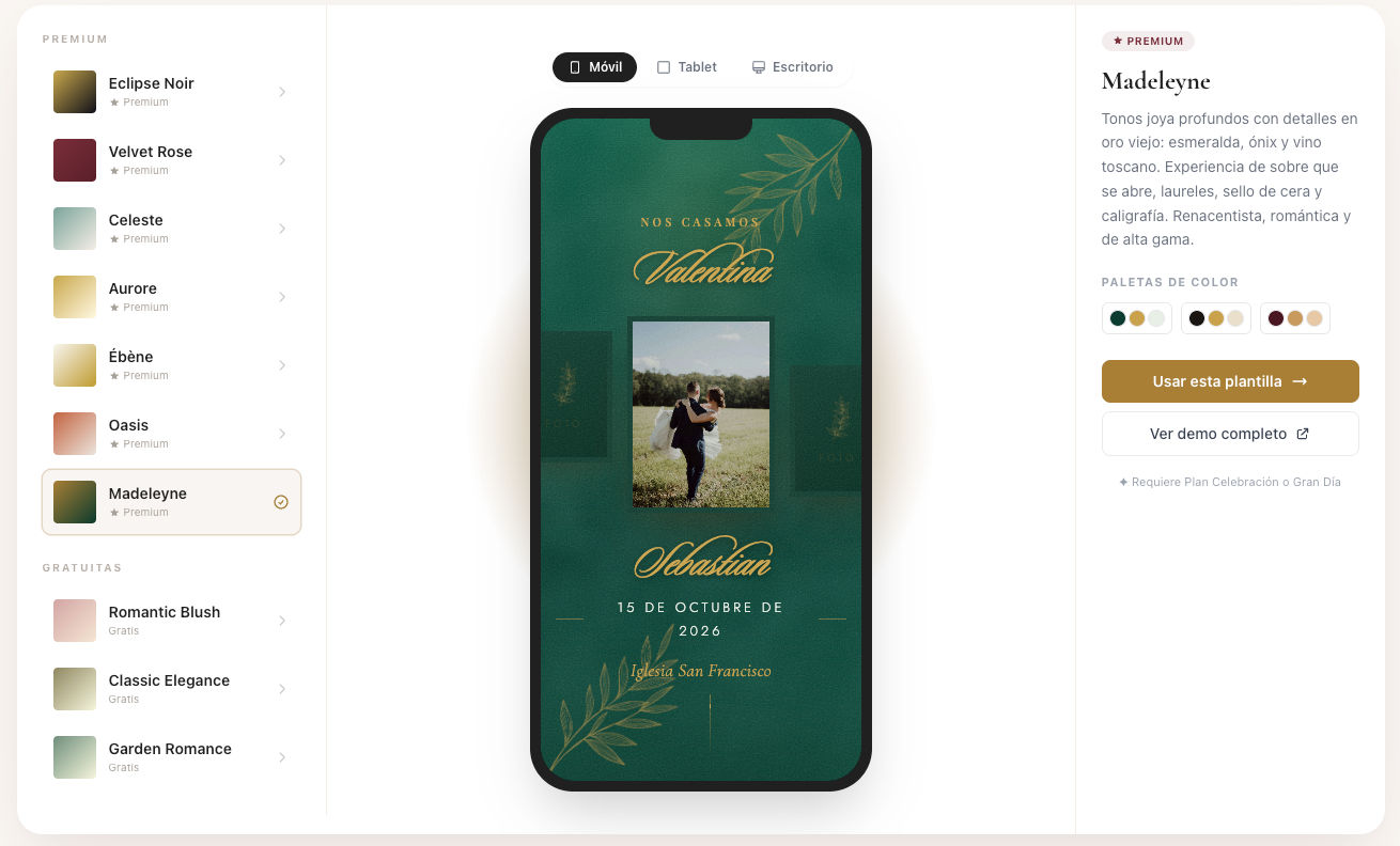 Captura del panel de Nupcii con la selección de plantillas y paletas de colores, mostrando cómo cambia la estética de una invitación según la plantilla elegida, vista en un celular