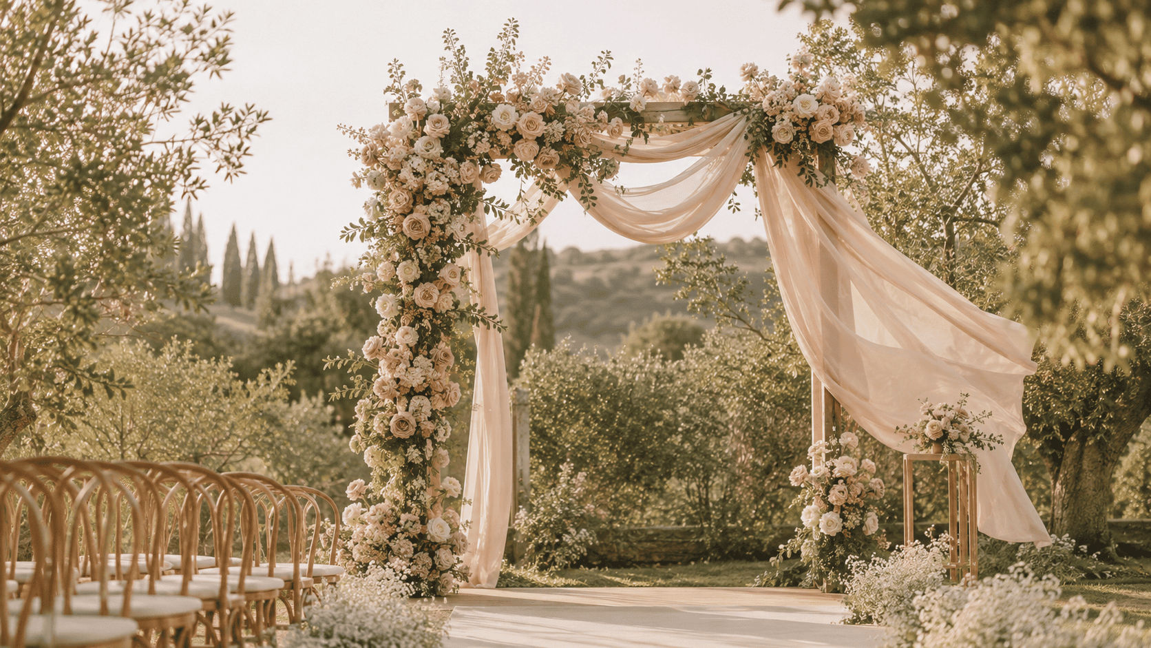 Boda romántica de jardín con arco cubierto de flores blush y rosas empolvadas, telas vaporosas al viento, vegetación fresca y luz suave difusa