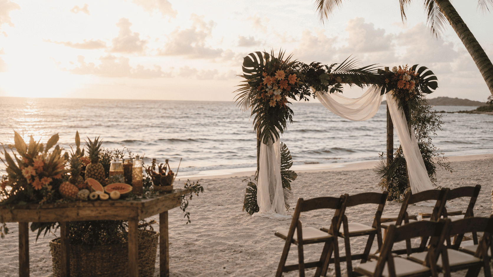Boda tropical en la playa al atardecer con arco de hojas de palma y monstera, flores coral, mesa con frutas tropicales y telas ligeras frente al mar