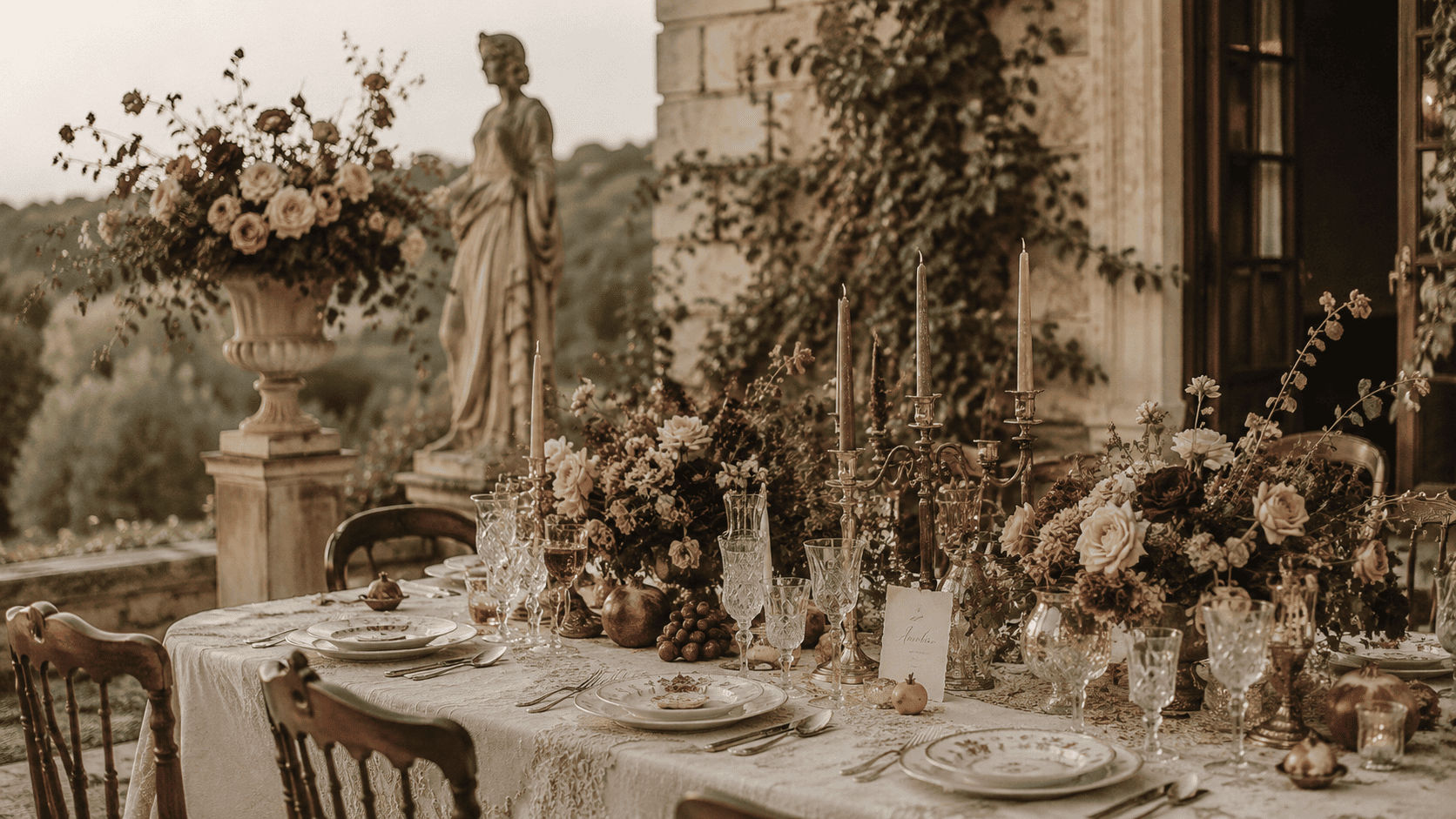 Boda vintage con mesa de vajilla antigua desigual, candelabros dorados envejecidos, flores en borgoña y sepia, encajes y muebles clásicos en atmósfera nostálgica