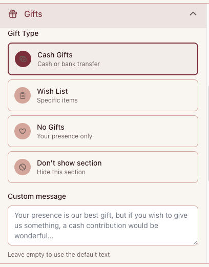 Gifts section in the Nupcii dashboard showing the four registry modes for your wedding