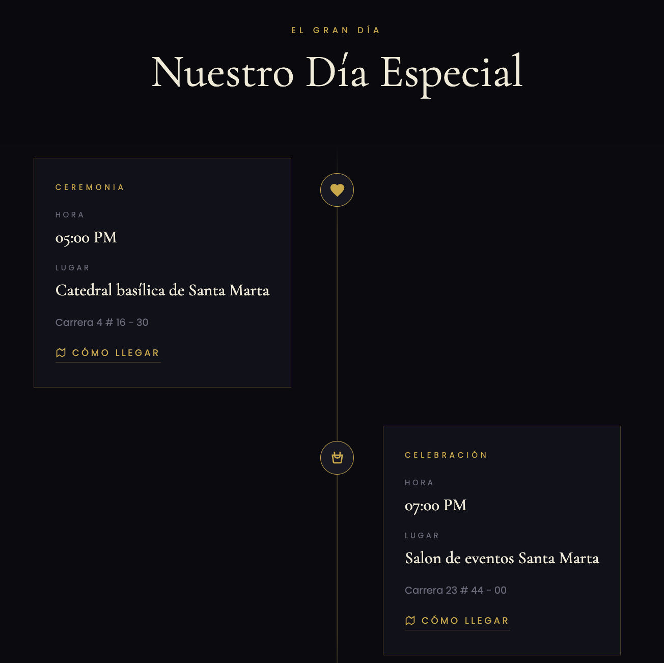 Sección de ceremonia en una invitación de Nupcii con mapa integrado