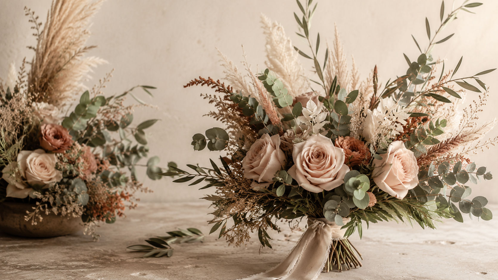 Ramo de novia y arreglos en paleta tierra con rosas blush, eucalipto salvia, ramas de olivo y pampas grass beige