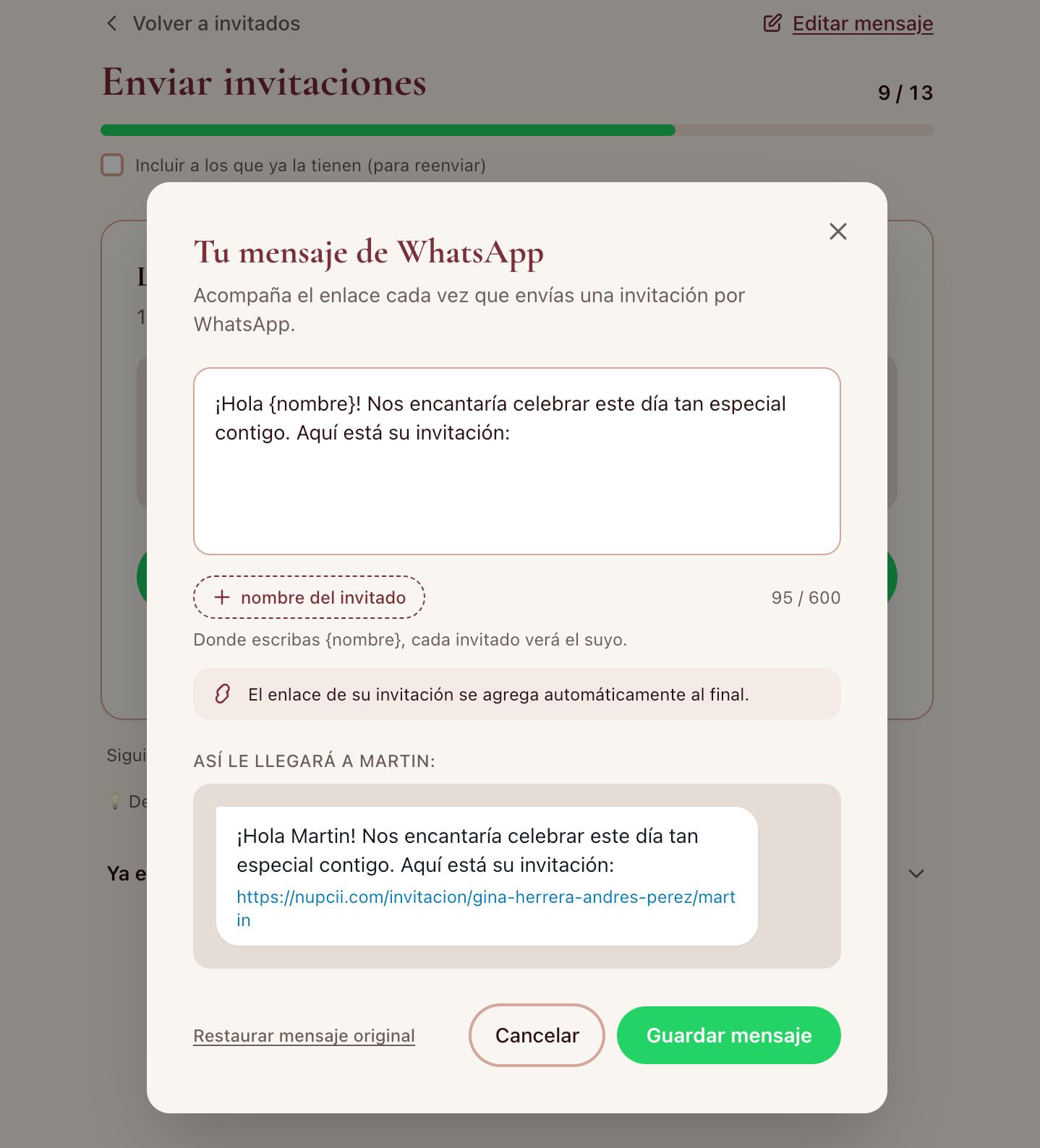 WhatsApp message editor in Nupcii with live bubble preview