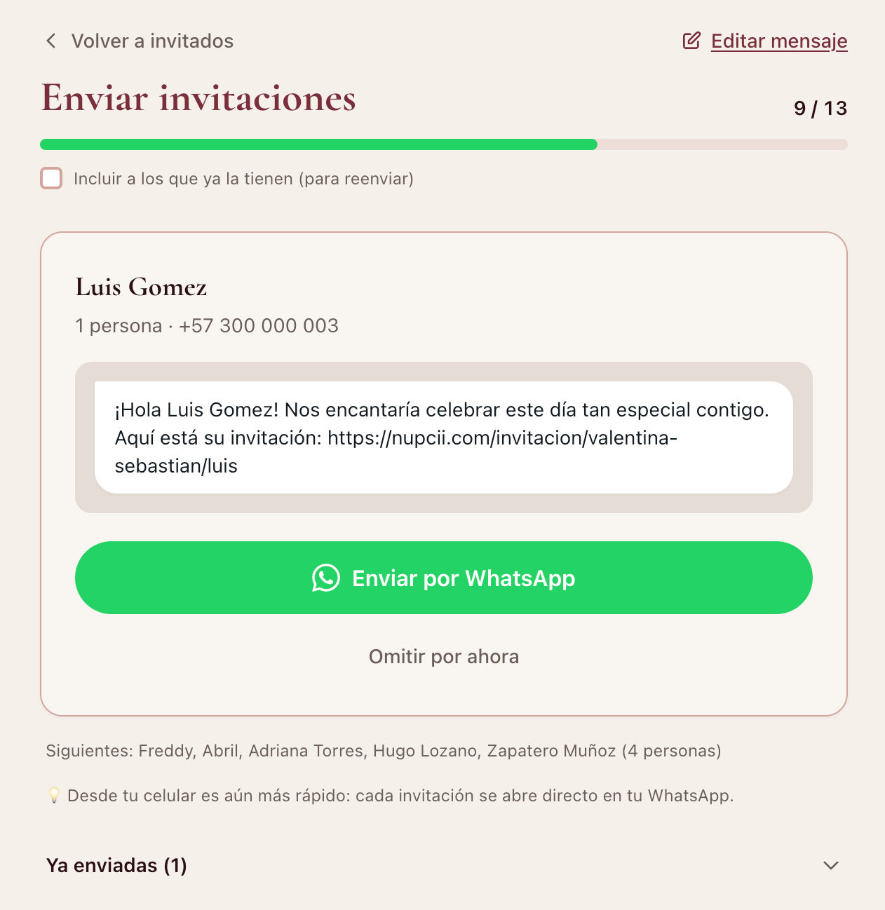 Nupcii's WhatsApp invitation sending queue on a phone