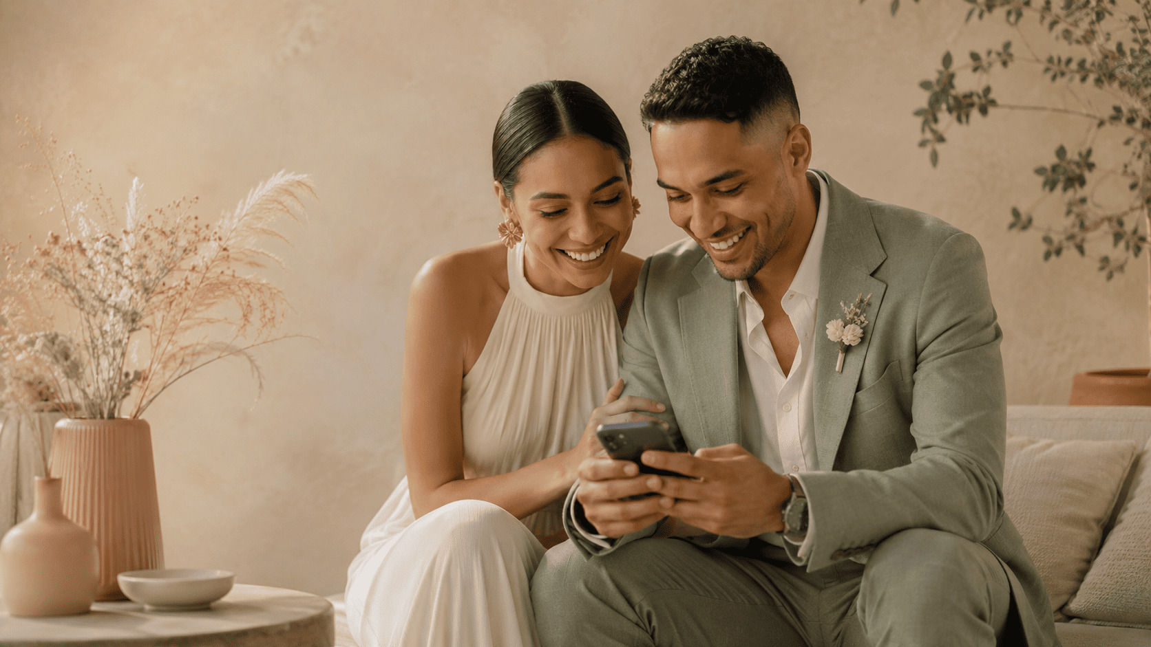 Pareja revisando emocionada su invitación en el celular