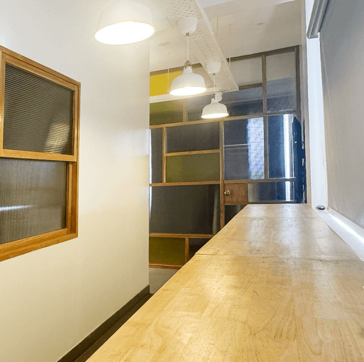 Modern office space with wooden table