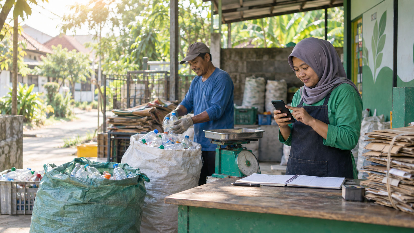 Operator bank sampah mencatat setoran material dengan perangkat digital