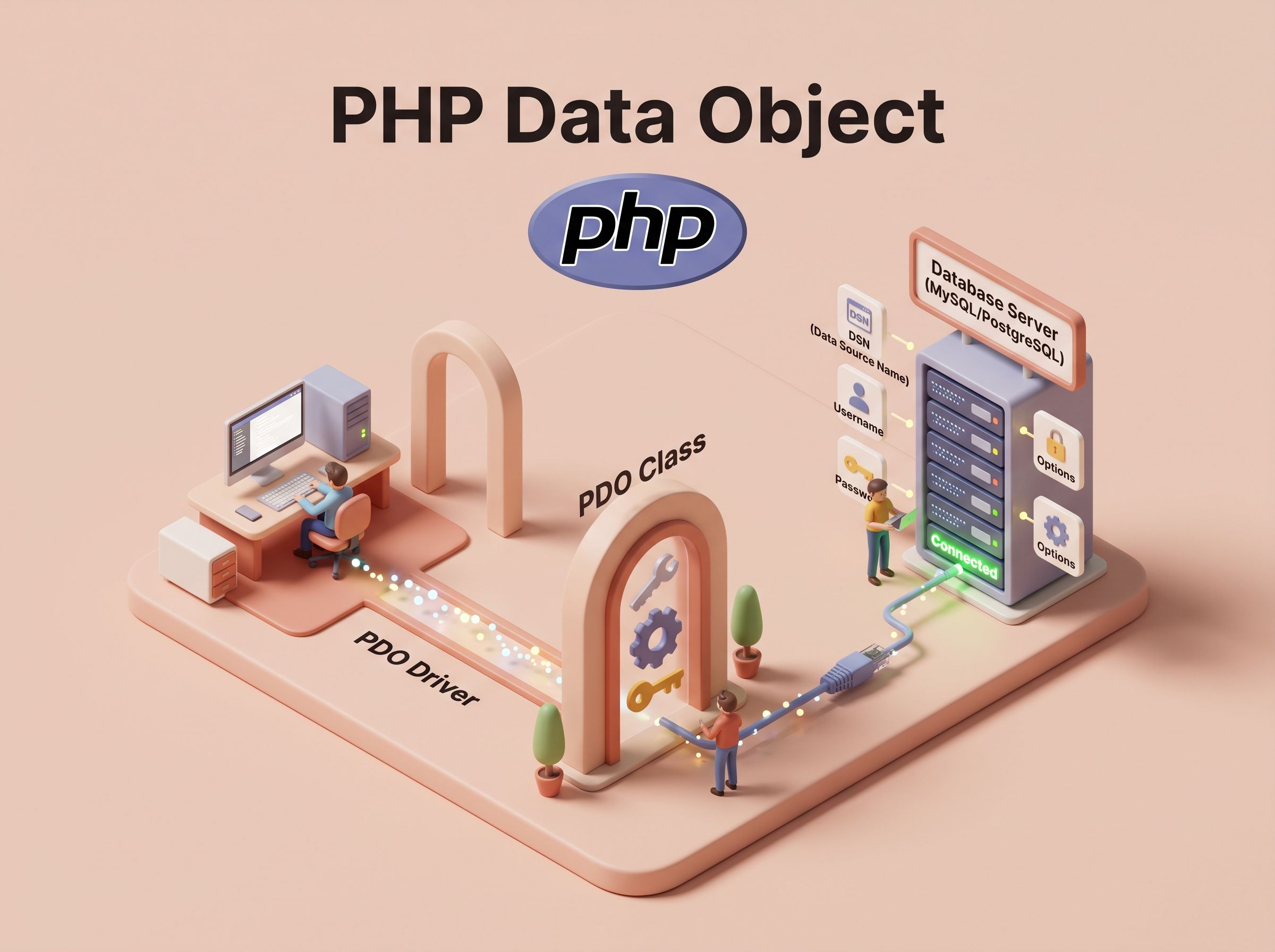 PHP PDO Illustration - Made with gemini-3.1-flash-image