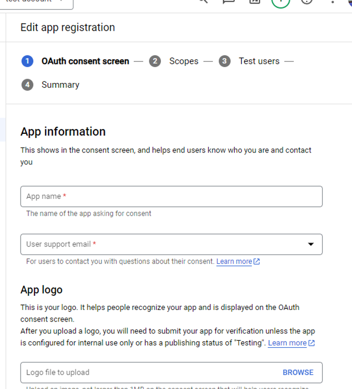 app registration page