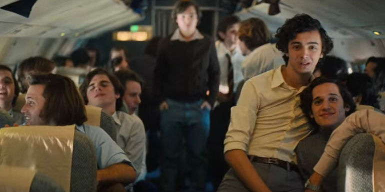 The cast of Society of the Snow in the plane