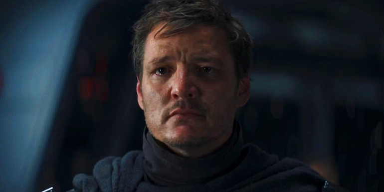Pedro Pascal crying as Din Djarin in The Mandalorian