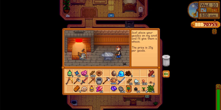Image of a character taking an Omni Geode to the Blacksmith in Stardew Valley