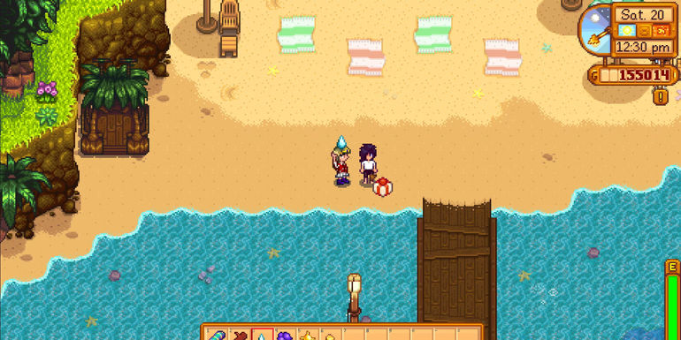 Image of a character giving Sebastian a Frozen Tear as a gift in Stardew Valley