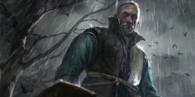 Leo Bonhart standing in the rain from The Witcher books.