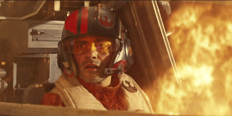 Oscar Isaac as Poe Dameron flying in Star Wars The Last Jedi