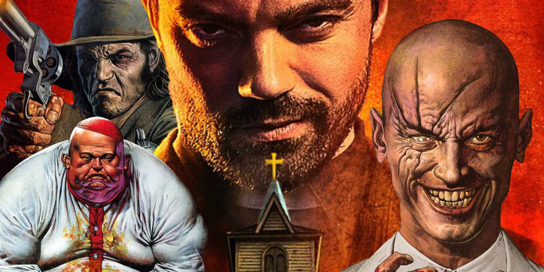 Composite image of Jesse in Preacher and characters from the comic series