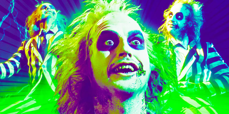 Three stills of Michael Keaton's Beetlejuice combined