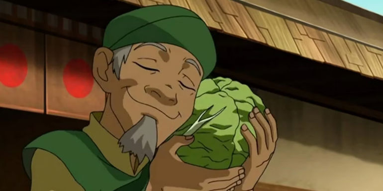 Cabbage Man embracing his cabbages in Avatar the Last Airbender