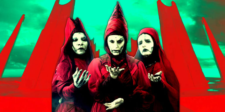 The Great Mothers of Ahsoka stand in the foreground with their Peridea temple in the background.