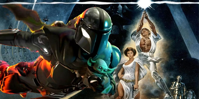 Din Djarin and Grogu in the poster for The Mandalorian & Grogu next to Leia Organa, Luke Skywalker, C3-PO, and R2-D2 in the poster for Star Wars: Episode IV - A New Hope.