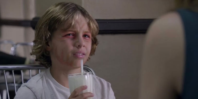 Parker Booth (Ty Panitz) drinking a milkshake with facepaint on in Bones.
