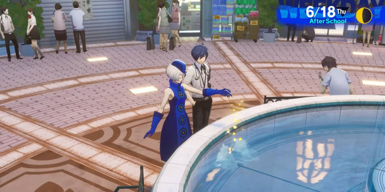 Elizabeth putting coins in a fountain in Persona 3 Reload