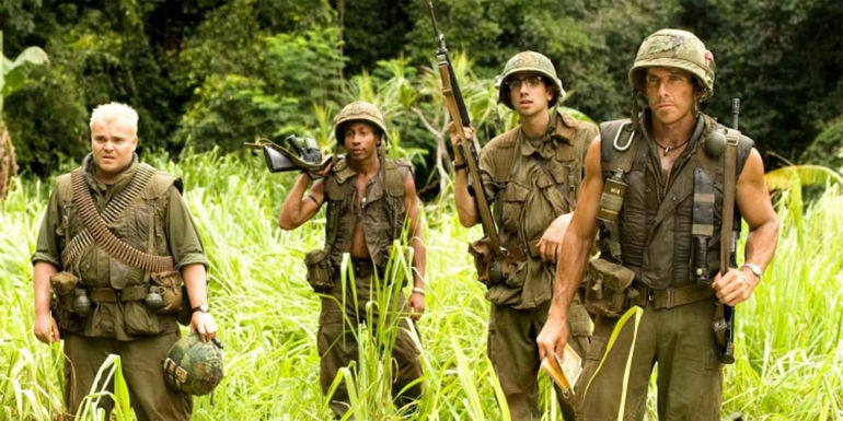 Jack Black as Jeff Portnoy, Brandon T. Jackson as Alpa Chino, Jay Baruchel as Kevin Sandusky, and Ben Stiller as Tugg Speedman in Tropic Thunder.