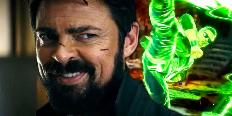 Karl Urban as Billy Butcher smiling in The Boys and Johnny Cage powered with green radiance in Mortal Kombat