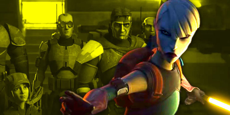 Asajj Ventress with her yellow lightsaber superimposed over Clone Force 99 in The Bad Batch