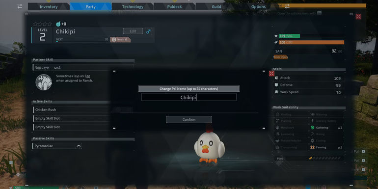 Image of the text box that appears to rename a Pal in Palworld