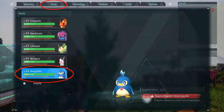 Image of a Pengullet in the Party box in Palworld