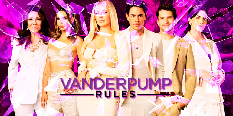 Vanderpump Rules Season 11 cast with broken glass in front of them, against a purple background