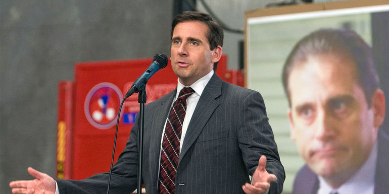 Michael Scott in front of a mic in The Office Stress Relief