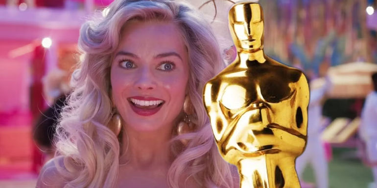 Custom image of Margot Robbie as Barbie smiling next to an Academy Award