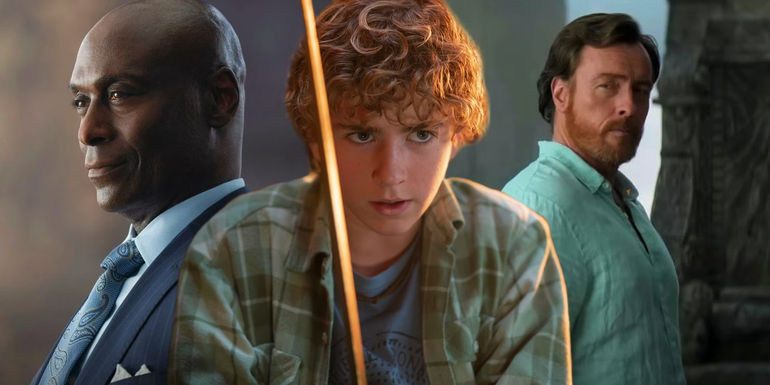Percy Jackson holding his sword between Zeus and Poseidon looking solemn