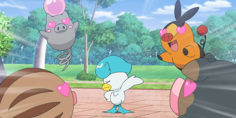Pokemon Horizons: Quaxly impresses the female Pokemon with dance moves.