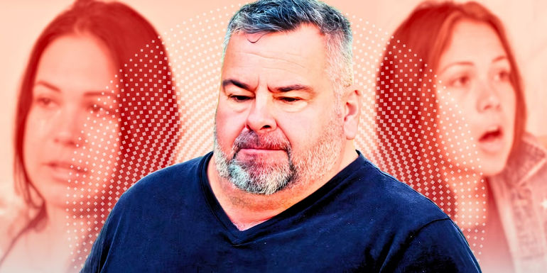 90 Day Fiance's Big Ed Brown and montage of Liz Woods dot background big ed in blue shirt
