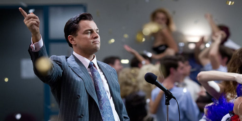 Leonardo DiCaprio as Jordan Belfort in The Wolf of Wall Street